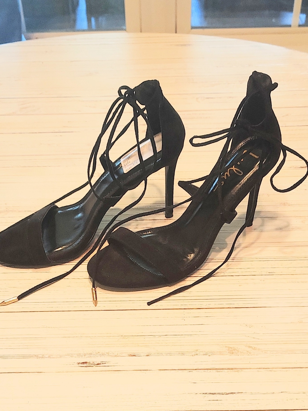 Lulus Black Suede Lace-Up Stiletto Heels. Size 8 1/2.